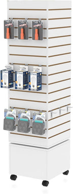16" W * 16" D * 62" H - White Slatwall Tower, Four Panel Slatwall Retail Fixture, Rotating Retail Display Rack