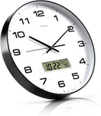 TIMESS Wall Clock, 14" Large Dial Non-Ticking Silent Battery Operated Analog with LCD Display for Perpetual Calendar and F° Temperature, Ideal Modern Home, Bedroom, Office Decor (Black)