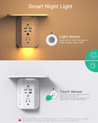 PD20W Wall Outlet Extender, Outlet Splitter with Shelf and Night Light, USB Wall Charger with 5 AC Outlets and 2 USB A Ports 2 USB C Ports Wide Space 3-Sided Power Strip Multi Plug Outlets