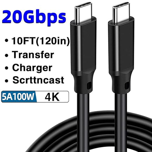 10FT USB-C 3.2 Gen 2×2 Display Monitor Video Link Data Transfer Cable for Lepow Z1 15.6 In, InnoView, ASUS ZenScreen, KYY, Cocopar, Arzopa, AOC, Type-C High Speed Portable Monitor Charger Power Cord