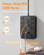 Bawmwim Surge Protector Power Strip - 8 Outlets(1850W/15A) with 6 USB Ports（2 USB C, 10FT Flat Plug Extension Cord, Wall Mount Multi Plug Outlet Extender, ETL Listed for Home, Dorm Room, Black