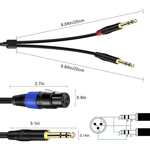 2Pack 6.35mm Dual TRS to XLR Female Cable for Microphone, Mixer, Amplifier, 1.5 FT, Dual 1/4 Male to XLR Audio Cable, Y Splitter Patch Cord, 3-PinXLR to Dual 1/4 TRS Male Converter Adapter Cable