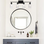 WINSHEN Black 4-Light Bathroom Light Fixtures with Seeded Glass Shade, 31-Inches Length Farmhouse Vanity Lights Over Mirror for Cabinet Kitchen Bedroom