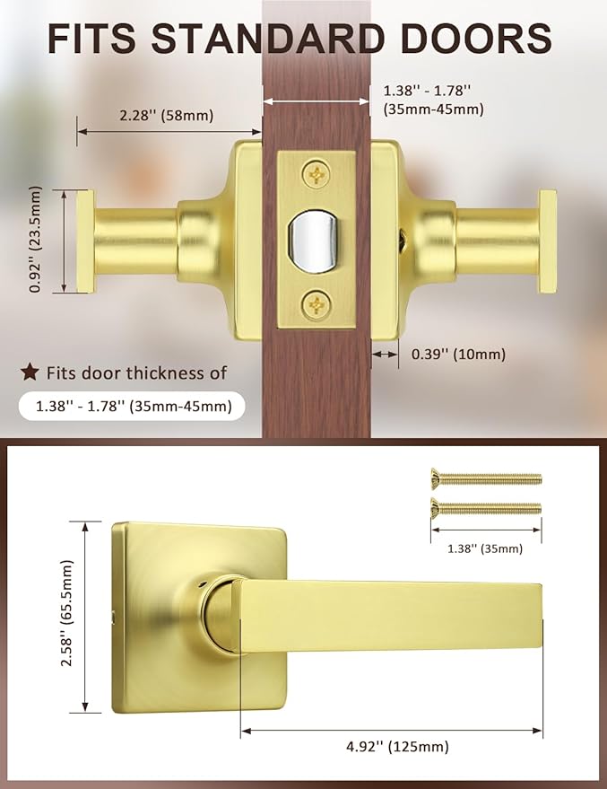 Mengico 10 Pack Passage Door Levers Gold Finish, No-Locking Keyless Square Door Knob, Interior Door Handles for Closet and Hallway, Reversible for Left & Right Handed