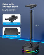 TROND Headphone Stand with USB C, Desk Gaming Headset Holder with 3 AC Outlets, 2 USB-A and 1 USB-C, Headset Stand with 5 RGB Light Modes, for Gaming Desk Accessories Gamer Boyfriend Gifts