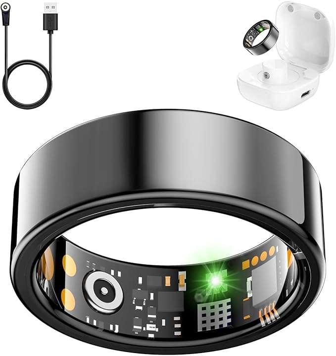 Smart Health Ring for Women Men, Fitness Tracker Ring with Heart Rate, Blood Oxygen, Sleep Tracker, Step Tracker, No Subscription Fee, IP68 Waterproof Smart Ring for iphone & Android (Black, 11#)