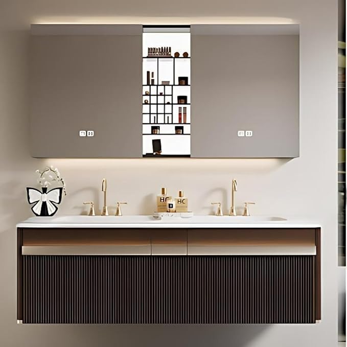 Bathroom Vanity with Double Sink - Bathroom Cabinet Vanity Including Grille Shaped Panel | Bathroom Vanity Double Sink, Soft Light LED Lights & Smart Defogging Mirror (Mirror Cabinet, 64IN)