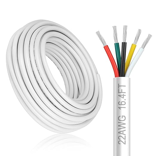 22 Gauge 5 Conductor Electrical Wire, 16.4FT White Stranded Low Voltage 22/5 Cable PVC Case, 22 AWG Tinned Copper 5 Wire Extension Power Cable for LED Lamp Lighting, Automotive