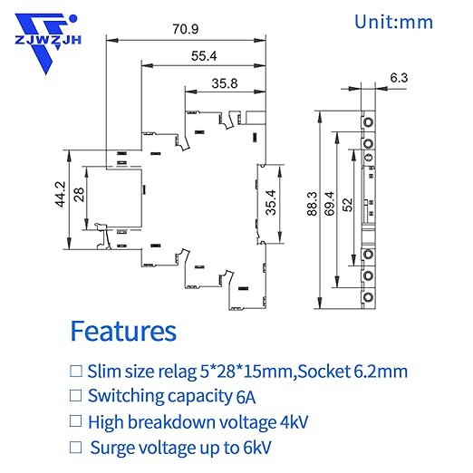 ZJWZJH Miniature Power Relay 12V DC/AC HF41F/12-ZS 5 Pin 1NO 1NC 6A SPDT, Socket Base with LED Indicator 41F-1Z-C2, with DIN Rail, 3Pcs Electromechanical Relays