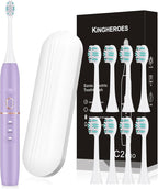 kingheroes Electric Toothbrush Set, Comes with 8 Brush Heads & Travel Case,4 Modes with 2 Minutes Built in Smart Timer, One Charge for 60 Days, 42000 VPM Motor (Purple)