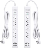 2 Pack Power Strip, 15FT Long Extension Cord, Surge Protector with 6 Outlets and 4 USB Charging Ports(2 USB C), Flat Plug Overload Protection, Wall Mount for Home Office Dorm College