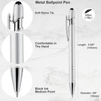 LINFANC 12 Pack Silver Ballpoint Pen with Stylus Tip, 1.0 mm Black Ink Smooth Writing Pens, Metal Stylus Pens for Touch Screens