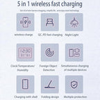 AYI 5in1 Multi Functional Wireless Charging Station with Digital Clock 15W Fast Charge Night Light Temperature Humidity Monitor Wireless Charger for All Qi Phone TWS Headphone and Apple Watch-Black
