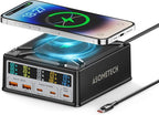 USB Charging Station,ASOMETECH 260W 5Ports Fast Charging Hub,140W PD3.1 USB C GaN Charger with LCD Display,Wireless Charger,Desktop Laptop Adapter for MacBook Pro/Air,iPad,iPhone,Samsung
