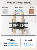 PERLESMITH Full Motion TV Wall Mount for Most 37-82 inch TVs up to 132 lbs, TV Mount with Dual Articulating Arms with Tilt and Extension, Fits 12" 16" Studs, Max VESA 600x400mm, PSLFK1