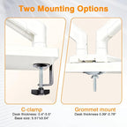 XEVKZO Dual Monitor Arms, Gas Spring Monitor Arms for 2 Monitors up to 34" Curved/Flat, 22lbs per Arm, VESA Mount 75x75 100x100mm, C-Clamp & Grommet Base, Adjustable Tilt/Swivel/Rotation White