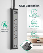 2 Pack Surge Protector Power Strip with 6 Outlets 4 USB Ports (2 USB C) 25-Foot Extension Cord Flat Plug 900 Joules 15A Circuit Breaker Wall Mount Desk USB Charging Station for Home Office