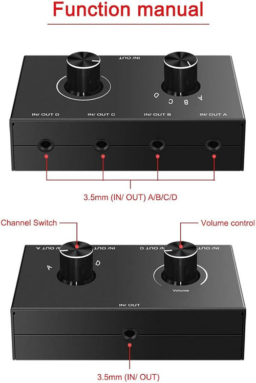 4 Port Audio Switch, 3.5mm Stereo AUX Selector, 4 Input 1 Output / 1 Input 4 Output Splitter, Switcher Box With 4 Channel Switch Knob, No External Power Required