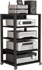 Dernoing 5 Tier Audio Rack Tower, CD Record Player Stereo Receiver AV Equipment Cabinet Display Rack, Weight Capacity 661 lbs, with Adjustable Wooden Shelves for Home (5 Tier Black)
