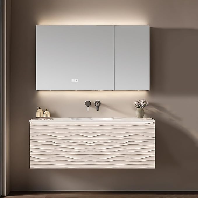 36IN Bathroom Vanity - Smart Defogging Mirror Cabinet | Waterproofing Technology & Wave Shaped Door Panel, Floating Bathroom Vanities with Large Storage Space (Mirror Cabinet)