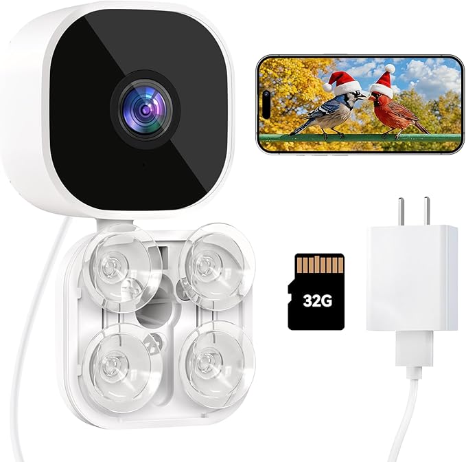 Dzees Window Bird Camera with Strong Suction Cups, 2K HD WiFi Bird Feeder Camera with AI Bird Recognition, Live Streaming, Two-Way Audio, Cloud & SD Storage, Perfect for Bird Lovers and Educators