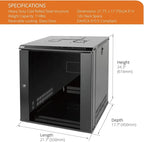 Tecmojo 12U Wall Mount Server Cabinet IT Network Rack Enclosure Lockable Door and Side Panels Black,Cooling Fan,Glass Door,17.7inch Depth,for 19” IT Equipment,A/V Devices