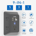 Surge Protector Outlet with 5-Multi Plug Outlet and 4 USB Ports (1 USB C), 3-Sided 1680J Power Strip Wall Charger for Home, Travel, Office - ETL Listed, Black