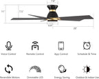 SMAAIR 52 Inch Smart Ceiling Fan with Light and Remote, Flush Mount Modern Ceiling Fan with lights,Compatible with Alexa/Google Assistant/Siri,Timer and Schedule,10 Speed DC Motor,Black/Gold