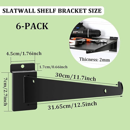 6 Pack Slat Wall Shelf Bracket 12 Inch, Heavy Duty Slatwall Shelf Brackets for Shelves, Metal Floating Slatwall Accessory with Lip for Commercial and Garage Slat Panels Shelving Display