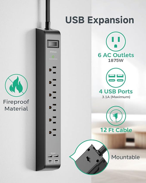 2 Pack Surge Protector Power Strip with 6 Outlets 4 USB Ports (2 USB C) 12-Foot Extension Cord Flat Plug 900 Joules 15A Circuit Breaker Wall Mount Desk USB Charging Station for Home Office
