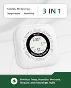 3 in 1 Natural & Propane Gas Detector, Plug in Natural Gas, Propane, Temp, Humidity and Explosive Gas Alarm; Design for Home, Apartment & RV; with LCD Screen (White)