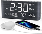 Mesqool Digital Alarm Clock, with Calendar Temperature and Humidity, Loud Volume, Dual Alarm, USB and Type-C Charging Ports, Dimmer, 12/24H, Snooze, Stylish Wood Grain Pattern Digital Clock for Décor