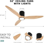 OUATER Wood Flush Mount Ceiling Fan with Light,52 inch Low Profile Modern Ceiling Fans for Outdoor/Patios/Bedroom/Office,3 color light,6 Speed,DC Motor,Wood and Modern Matte Black