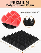 Acoustic Foams Panels 24 Pack 2" x 12"x 12" Sound Proof Foam Panels for Walls High Density and Fire Resistant Soundproofing Panels Soundproof Studio Pyramid Sound Dampening Panels Black Red