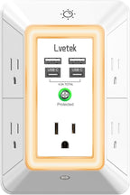 Multi Plug Outlet Surge Protector - Lvetek 3-Sided Power Strip with 5 Outlet Extender and 4 USB Ports(2 USB-C) and Night Light, USB Wall Charger for Home, Office, Travel, ETL Listed, White
