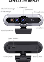 2K HD Webcam with Infrared Windows Hello Facial Recognition, Computer Camera, Privacy Cover, Noise Canceling Microphones, Laptop Webcam For Video Conferencing, Live, Streaming, Online Learning
