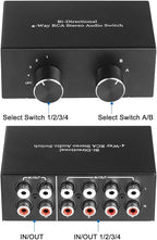 RCA L/R Audio Switcher, 4(2)-in-2(4)-Out Analogue Audio Switch, Noiseless Stereo Speaker Selector for Phono TV Headphones Soundbar PC Game, 4 Way Audio Splitter Box