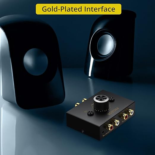 PROZOR 3.5mm & RCA Bi-Directional Audio Switch, 2-in-1-Out / 1-in-2-Out Passive Splitter with Volume Knob & Mute Button, Stereo L/R Audio Switcher Selector Box for Headphones, Amplifiers, Speakers