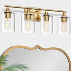 XPEHK Brushed Gold Vanity Light,4 Light Gold Bathroom Light Fixtures,Bathroom Lights Over Mirror with Clear Glass Shade,Modern Wall Lighting for Mirror Bedroom Vanity Hallway