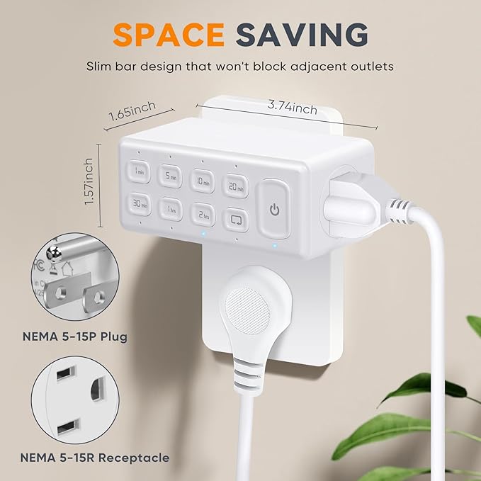 TOPELER Countdown Timer Dual Outlet, Programmable Electrical Timers Outlets with Repeat Function, Up to 4H for Lights, Fan, Appliance, Electric Bike, 3-Prong, 15A/1875W, ½ HP, 2 Pack