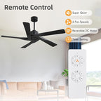 WINGBO 54" ABS DC Ceiling Fan No Light, 5 Blade ABS Plastic Ceiling Fan with Remote, 6-Speed Reversible DC Motor, Ceiling Fans without Light for Kitchen Bedroom Living Room, Matte Black