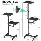 Projector Stand Tripod: 2 Shelves Mobile Laptop Cart Adjustable Height 45 to 64 Inches, Rolling Laptop Stand Cart with Ventilated Tray, Projector Tripod Stand on Wheels for Couch, Bedside, Meeting