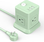 Cube Power Strip, FDTEK 4 Widely Spaced Outlet with 3 USB (1 USB C) Flat Plug Power Strips with Long Extension Cords Space Save Compact Portable for Travel Home Office Cruise (Green)