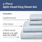 Split Head King Sheet Set – 4 Piece Flex Split Top King Sheets for Adjustable Beds - Fits 14” to 16" Mattress w/ Deep Pockets - Breathable & Cooling - Luxury Bedding and Wrinkle Free - Blue Stripes 3