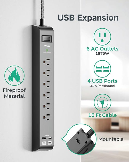 15FT Power Strip Surge Protector - 2 Pack Extension Cord with 6 Outlets 4 USB Ports, Flat Plug, 900 Joules, 15A Circuit Breaker, Wall Mount for Home Office Dorm