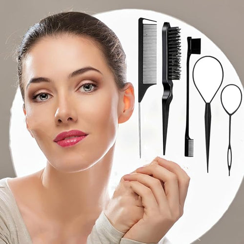 5Pcs Slick Back Brush Set with Topsy Tail Tool, Teasing Bristle, Rat Comb for Women & Girls Hair Styling, Flyaways Control and Edge Combing - BIACK