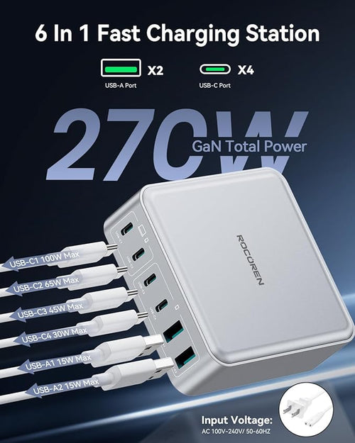 270W USB C Charger Block, Rocoren 6 Port Multi USB-C Charging Station,100W PD Fast USBC Gan Charger Station Hub Dock for Multiple Devices, Laptop Type C for MacBook/iPhone 17/iPad/Galaxy S25 (Sliver)