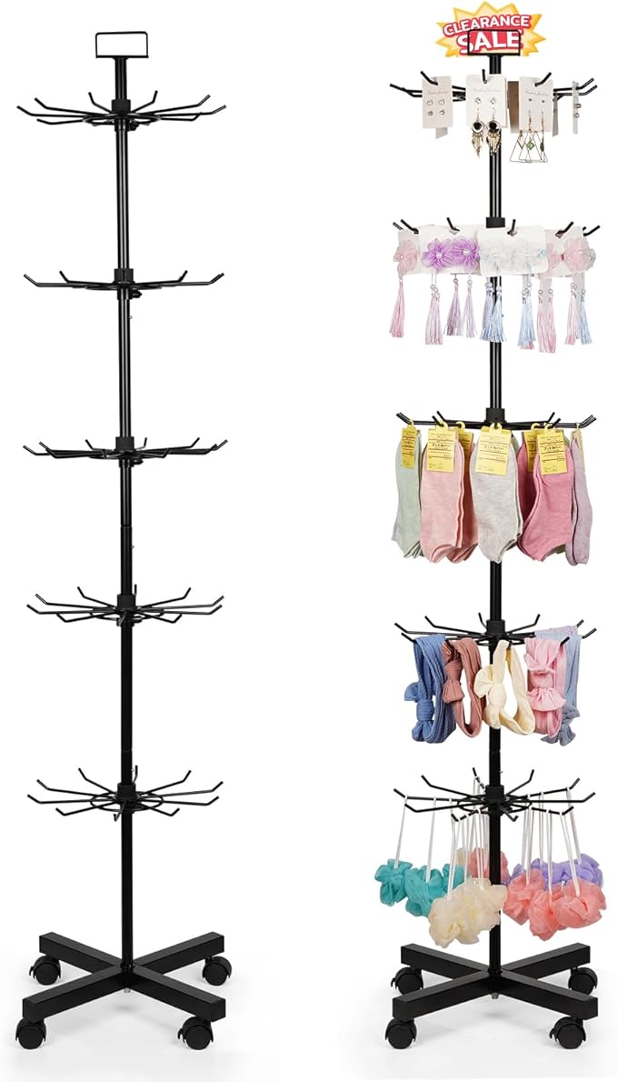 Exttlliy 5-Tier Metal Spinning Display Stand Rack with Wheels, Black Iron, 50 Hooks, Lockable Wheels, Ideal for Jewelry, Accessories, Foods