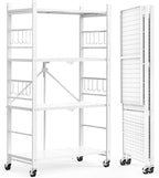 Himix Storage Shelves with 20 Hooks, 4-Tier Foldable Shelves for Storage, Folding Shelf Unit Pantry Shelves with Wheels, Metal Shelving Storage Rack Shelf for Kitchen Garage Home, White - No Assembly