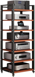 Dernoing 7 Tier Audio Rack Tower, CD Record Player Stereo Receiver AV Equipment Cabinet Display Rack, Weight Capacity 661 lbs, with Adjustable Wooden Shelves for Home (7 Tier Teakwood)